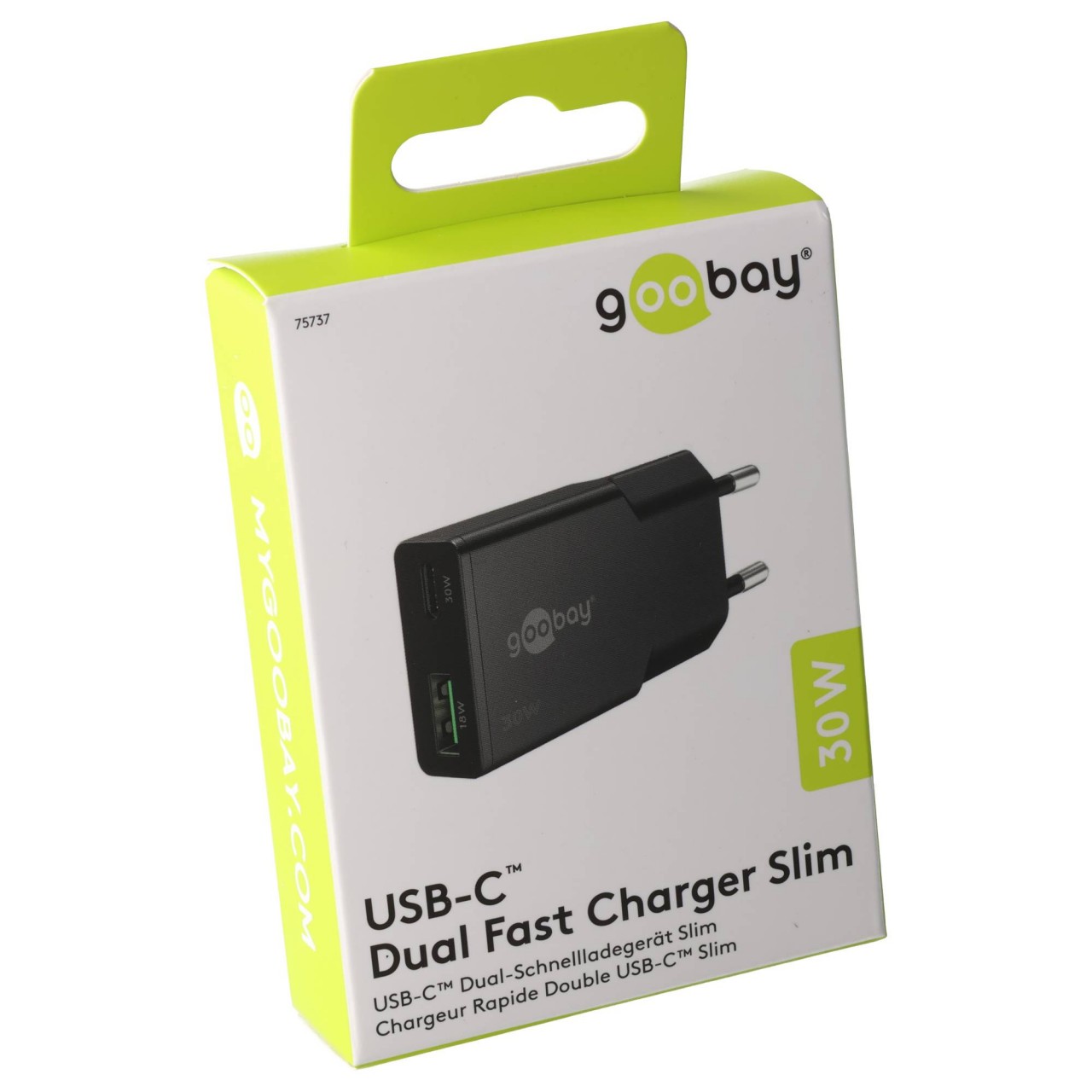 USB-C Schnellladegerät Slim, 1x USB-C Power Delivery, 1x USB-A Quick Charge, GaN, 30 Watt