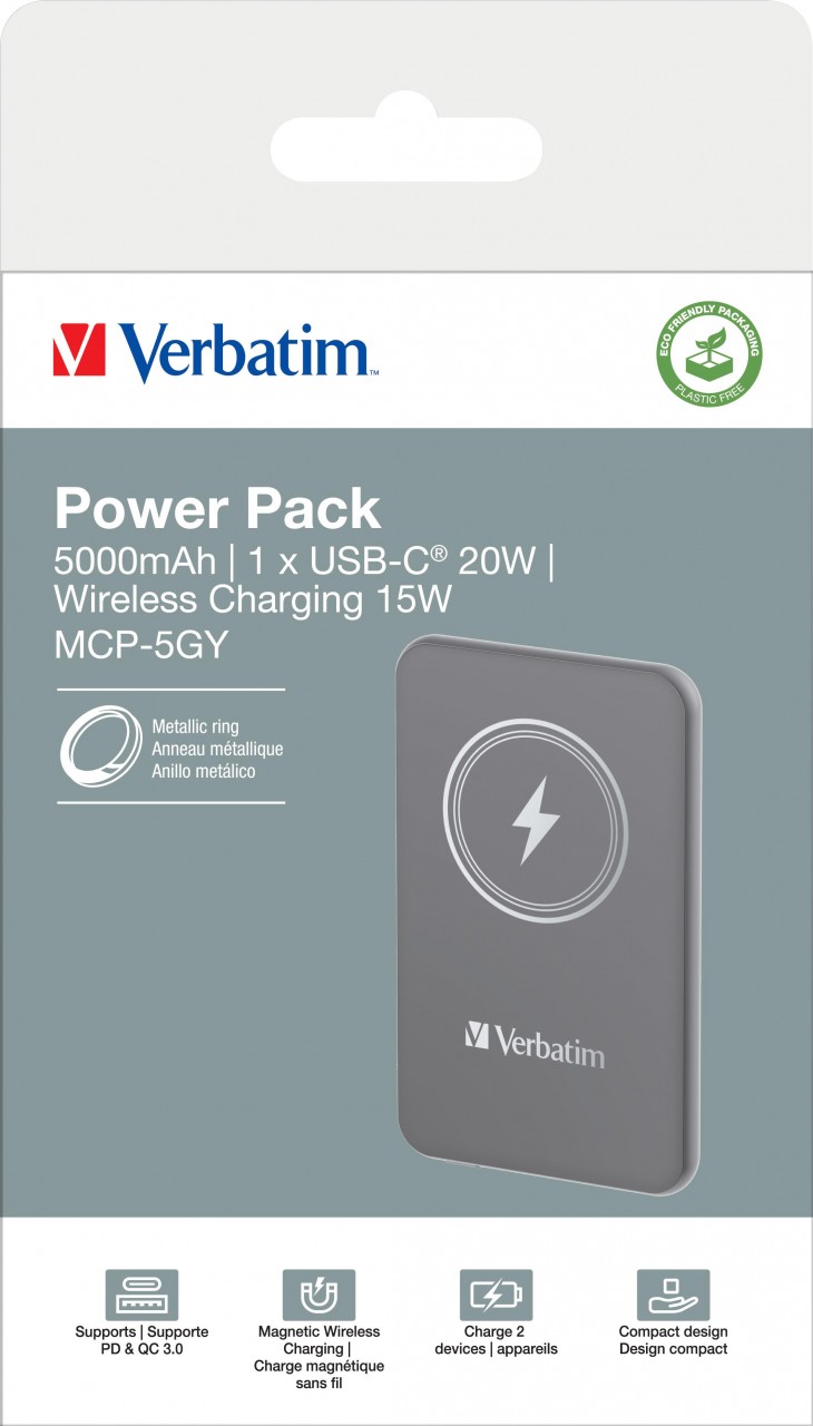Verbatim Akku Powerbank, 5.000mAh, MCP-5GN, grau Magnetic Wireless, USB-C, QC-PD 3.0, Retail-Blister