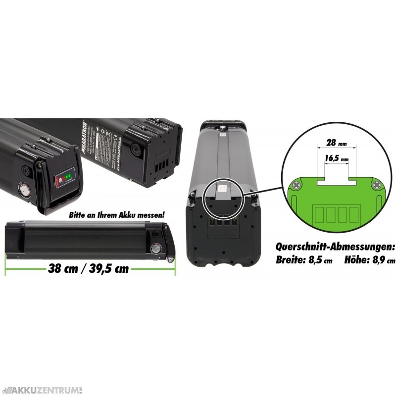 E-Bike Akku Maratron Ersatz-Akku ZZ520 36V 10,4Ah (374Wh) mit DC Ladebuchse für TELEFUNKEN Multitalent, ZÜNDAPP Z510, Z517, Green 2.7, Green 3.7 - LÄNGE 39,5cm - Sattelrohr