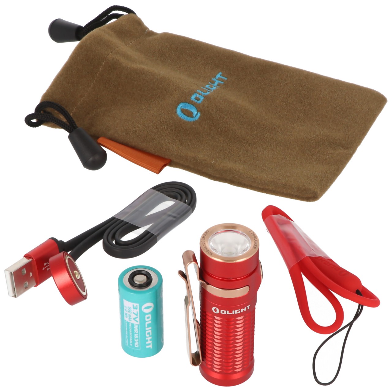 Olight Baton 3 LED-Taschenlampe, 1200 Lumen, wiederaufladbar, rutschfestes Texturdesign, inklusive IMR16340 3,7V 550mAh Akku und Ladekabel, rot