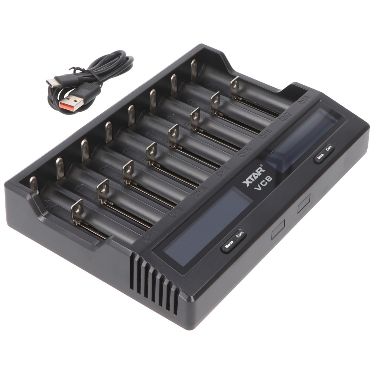 8fach Schnell-Ladegerät für 1-8 Li-Ion 3,6 und 3,7V Akku, Ladestrom max. 3A, lädt Akkus max. Länge 75,5 mm