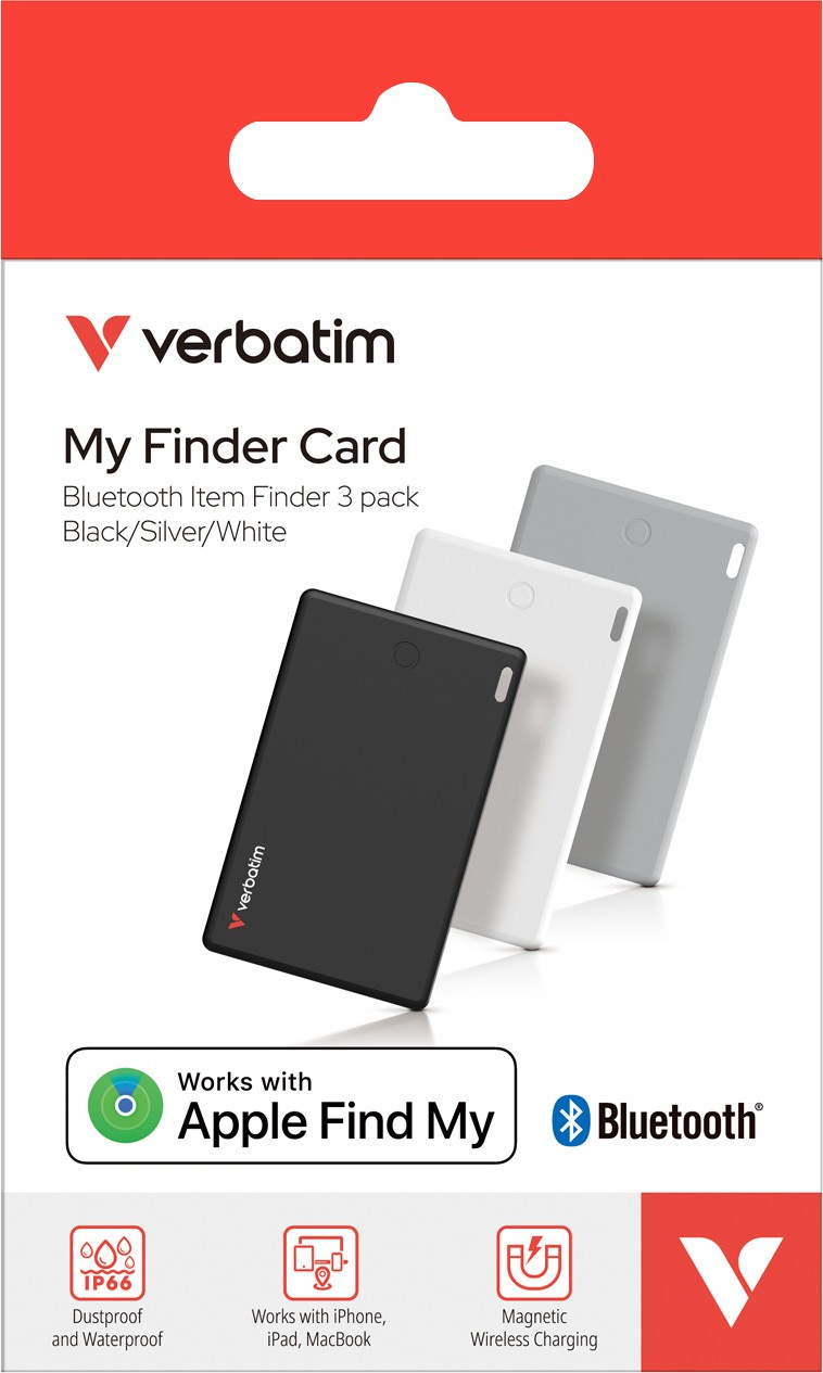 Verbatim Bluetooth-Tracker Li-Ion Polymer Akku 110mAh My FinderTracker My Finder Card MYFCR-03BSW für Apple iOS Find My App Retail (3er-Pack) schwarz-silber-weiß