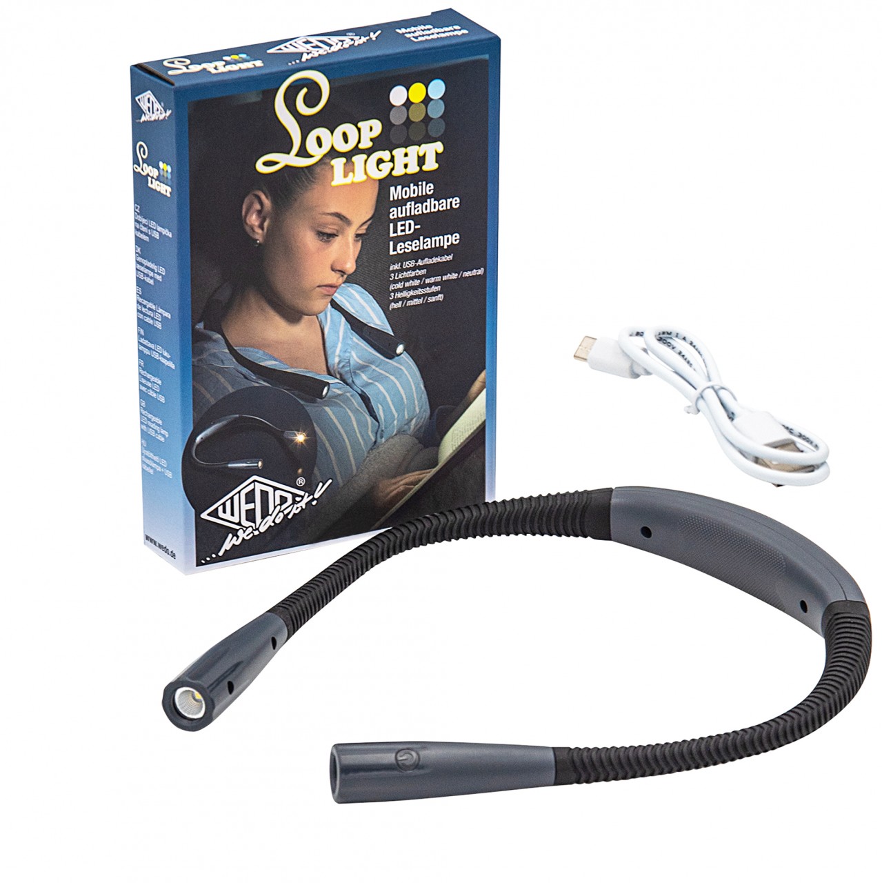 Looplight die mobile LED-Leselampe mit 3 Lichtfarben und Helligkeitsstufen, aufladbar durch USB-C