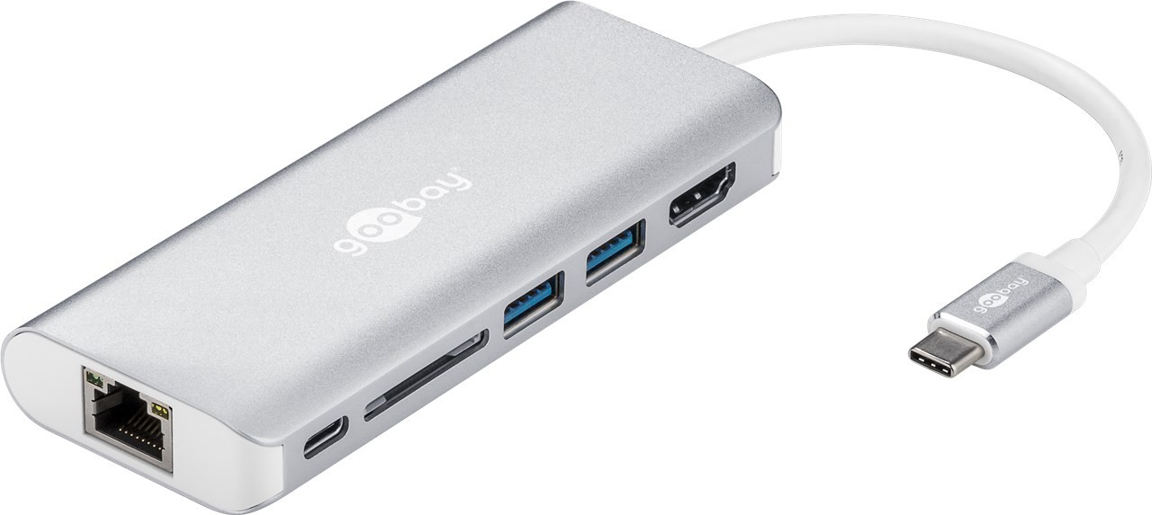 USB-C-Multiport-Adapter HDMI 4k30Hz, USB, CR, RJ45, PD, Alu, silber erweitert ein USB-C Gerät um einen Ethernet-, ein HDMI-, zwei USB 3.0- und einen USB-C-Anschluss, sowie einen Kartenschacht für SD K