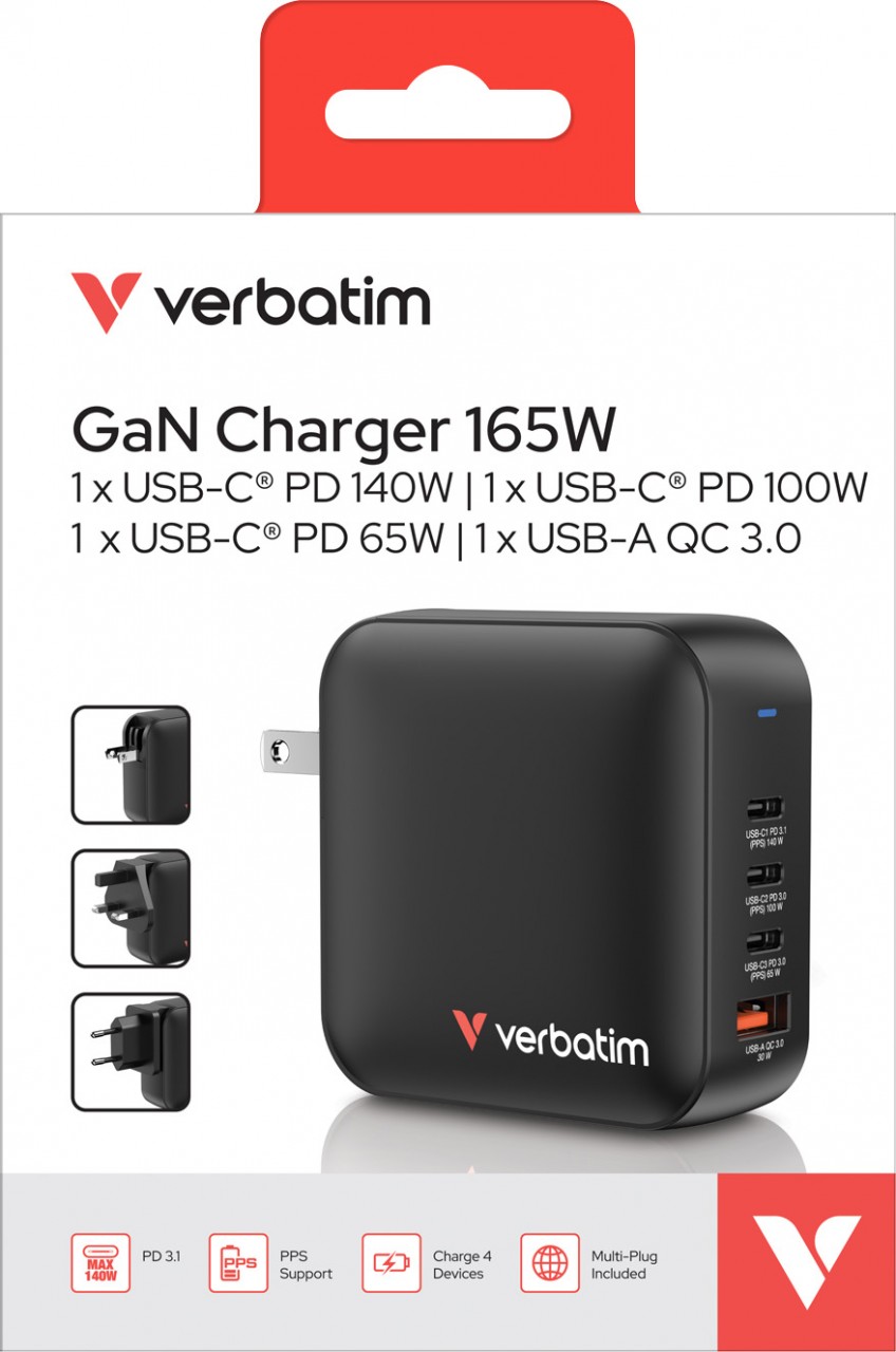 Verbatim Mini-GaN-Ladegerät, 165W, EU/US/UK-Stecker 1x USB-A QC, 4x USB-C PD, 100-250V, Retail