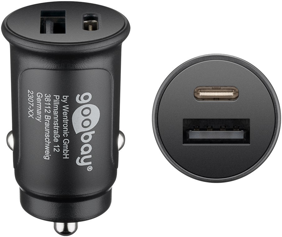 Dual-USB Auto Schnellladegerät USB-CTM Power Delivery, Ladeadapter für Kfz, lädt Geräte über USB-A und USB-C, speziell für Apple iPhone und iPad