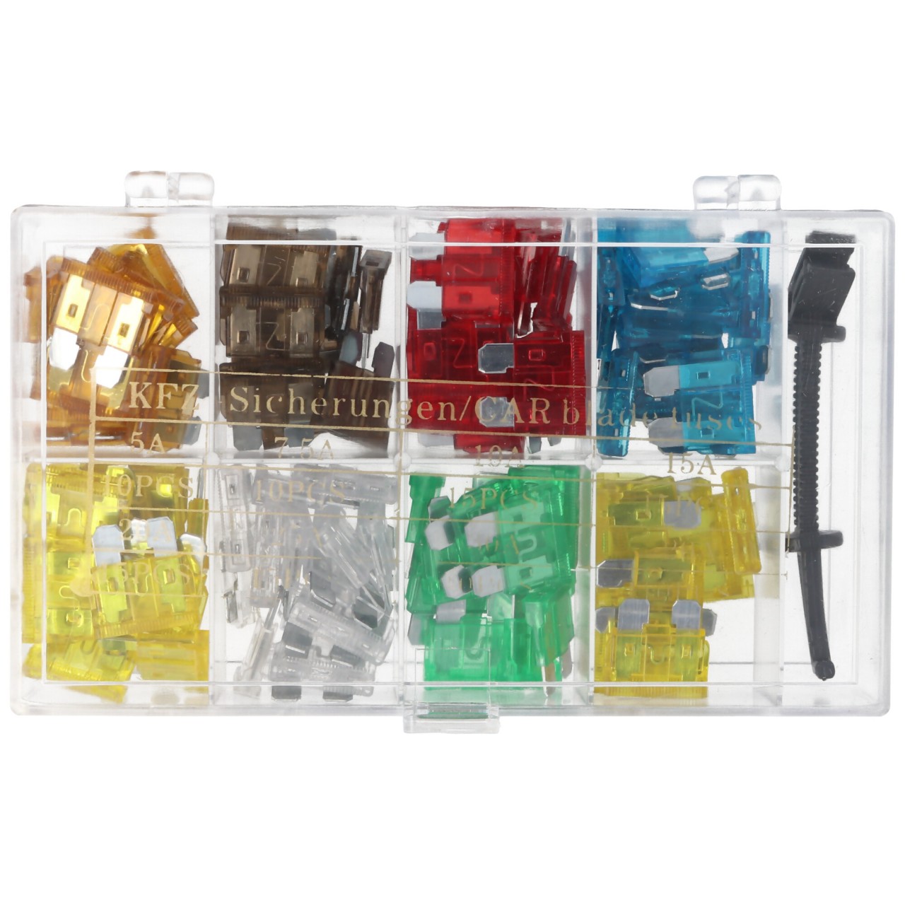 Kfz-Sicherungssortiment 101 teilige Flachsicherungen 19,1 x 5,1 x 18,5 mm, inklusive Werkzeug zum einfachen entnehmen der Sicherung