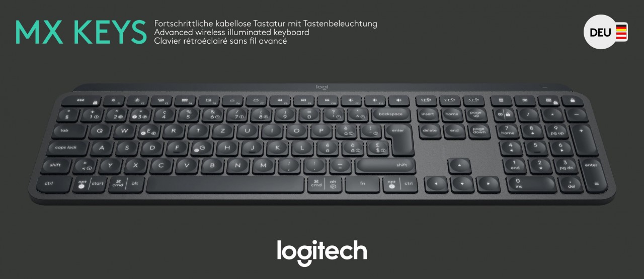 Logitech Tastatur MX Keys, Wireless, Unifying, Bluetooth, schwarz Advanced, Illuminated, DE, Retail