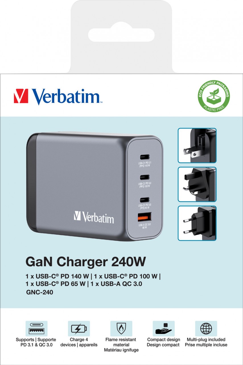 Verbatim Ladeadapter, Universal, GNC-240, GaN, 240W, grau 1x USB-A QC, 3x USB-C PD, Retail