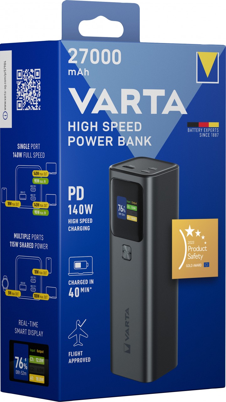 Varta Akku Powerbank, 27.000mAh, High Speed, grau 2xUSB-C/1xUSB-A, QC/PD 3.1, Retail