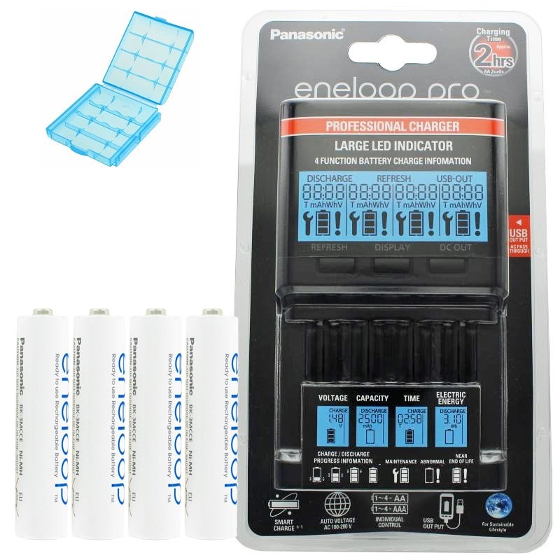 Panasonic eneloop Ladegerät BQ-CC65 inkl. LCD-Display, 8 eneloop Standard AAA Micro und AccuCell Akkubox Blue