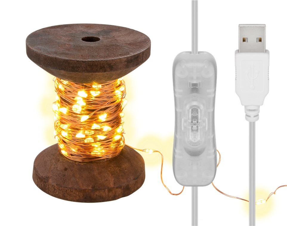Goobay LED-Lichterkette 'Garnspule', klein - mit USB-Kabel 3 m, Lichterkette 10 m mit 100 Micro-LEDs in Warmweiß (2700 K) und Schalter (Ein/Aus)