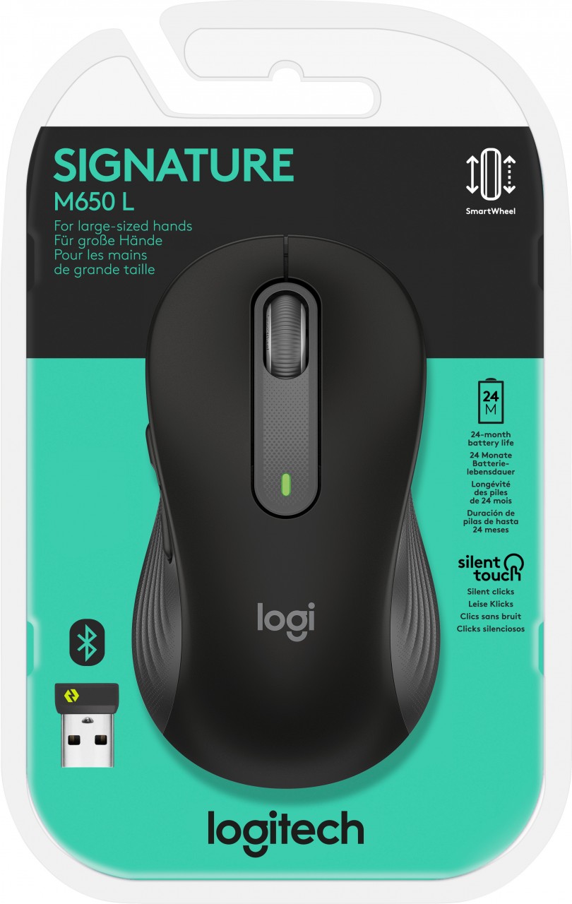 Logitech Maus M650 L, Signature, Wireless, Bolt, Bluetooth, grafit Optisch, 400-4000dpi, 5 Tasten, Right, Large, Retail