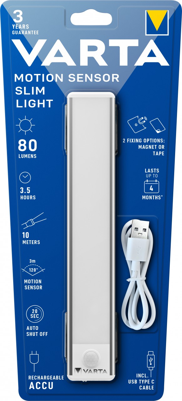 Varta LED Taschenlampe Motion Sensor, Slim Light 80lm, inkl. 1x Lithium-Ionen Akku, Retail Blister