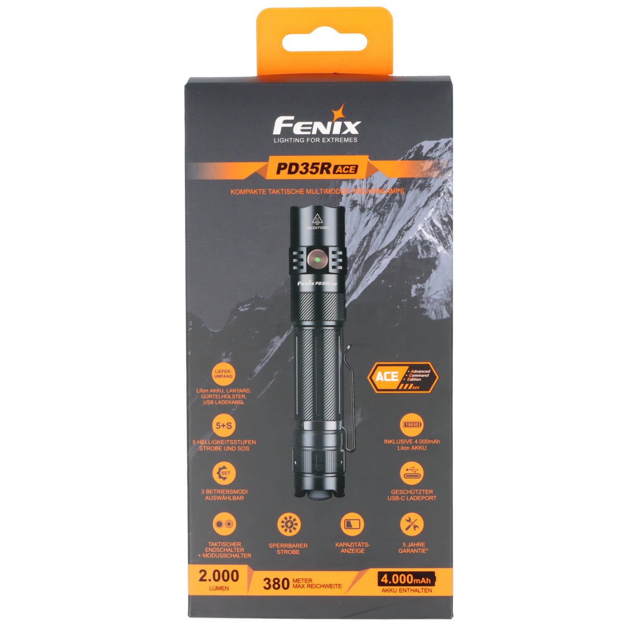 Fenix PD35R ACE LED-Taschenlampe, taktische Multimodus Taschenlampe, 2000 Lumen, inkl. ARB-L18-4000 Akku