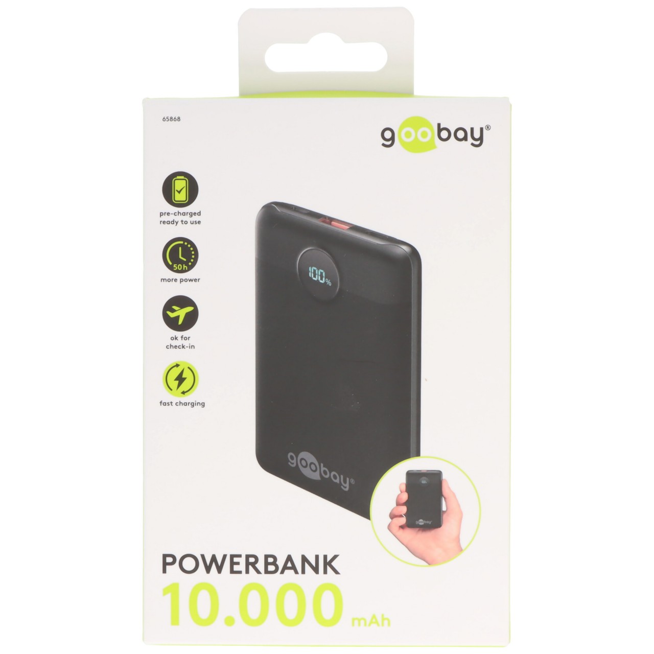 Powerbank 10.000mAh, PD und QC kompatibel, mit digitaler LED-Anzeige, inkl. Ladekabel