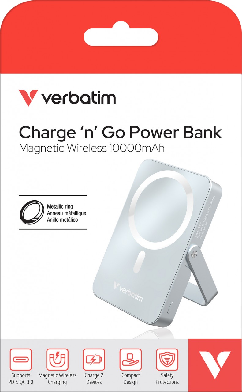 Verbatim Powerbank Charge’n’Go 10.000mAh – Deine Energiequelle für unterwegs, blau, magnetisch, Wireless, USB-C, QC-PD 3.0
