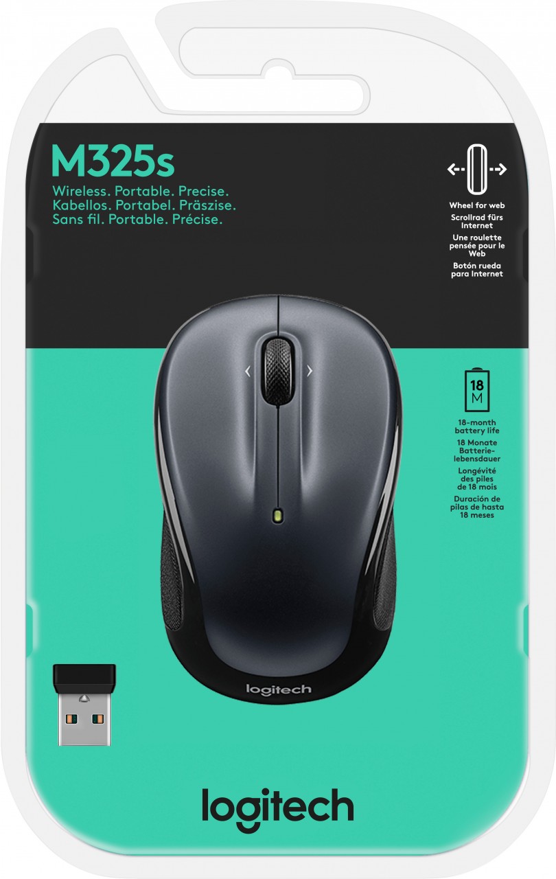 Logitech Maus M325s, Wireless, Dark Silver Optisch, 1000 dpi, 3 Tasten, Retail