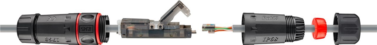 Goobay Outdoor (IP68) Netzwerkkabel-Verbinder, CAT 6 UTP ungeschirmt - staub- und wasserdicht, Klemmleiste für LSA Montage (werkzeugfrei)