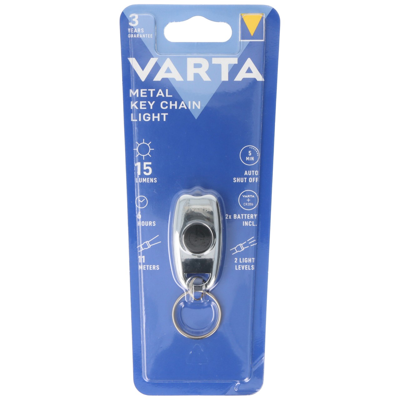 Varta LED Taschenlampe Metal Key Chain Light, 15lm, inkl. 2x Knopfzelle CR2016, Retail Blister