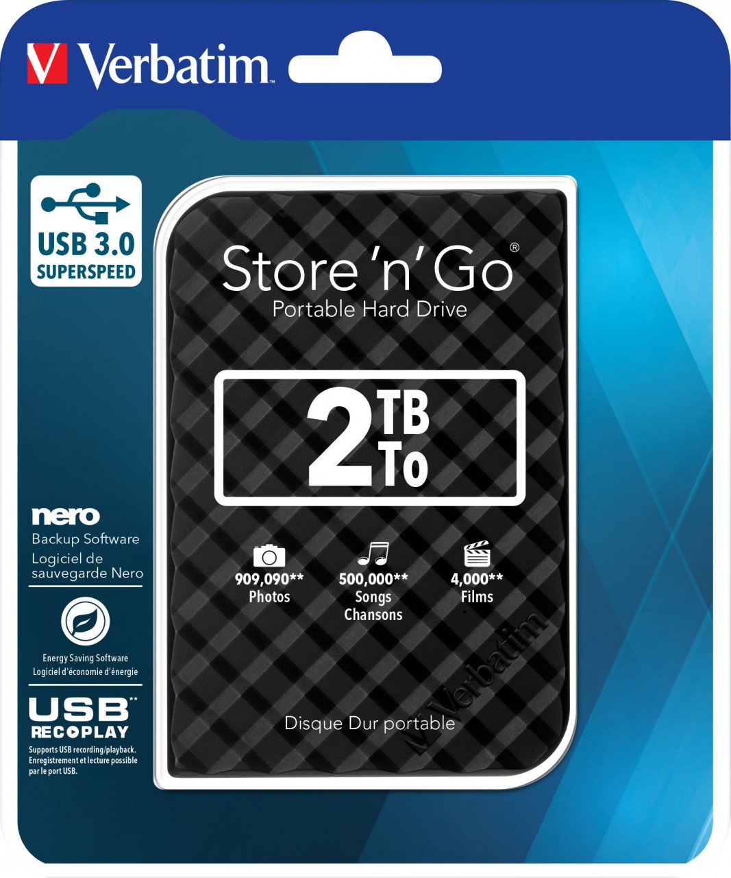 Verbatim Festplatte 2TB, USB 3.0, 6.35cm (2.5''), schwarz Store´n´Go, Gen 2, Software Nero Backup, Retail