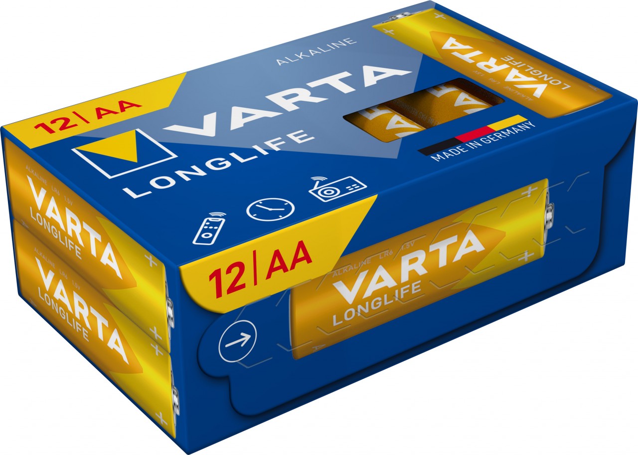 Varta Batterie Alkaline, Mignon, AA, LR06, 1.5V Longlife, Cube, Retail Box (12-Pack)