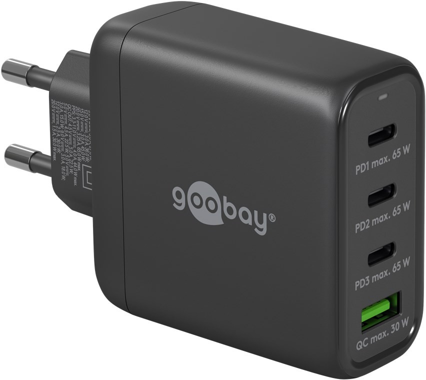 Goobay USB-C™ PD Multiport-Schnellladegerät (68 W) schwarz - 3x USB-C™-Anschlüsse (Power Delivery) und 1x USB-A-Anschluss (Quick Charge) - schwarz