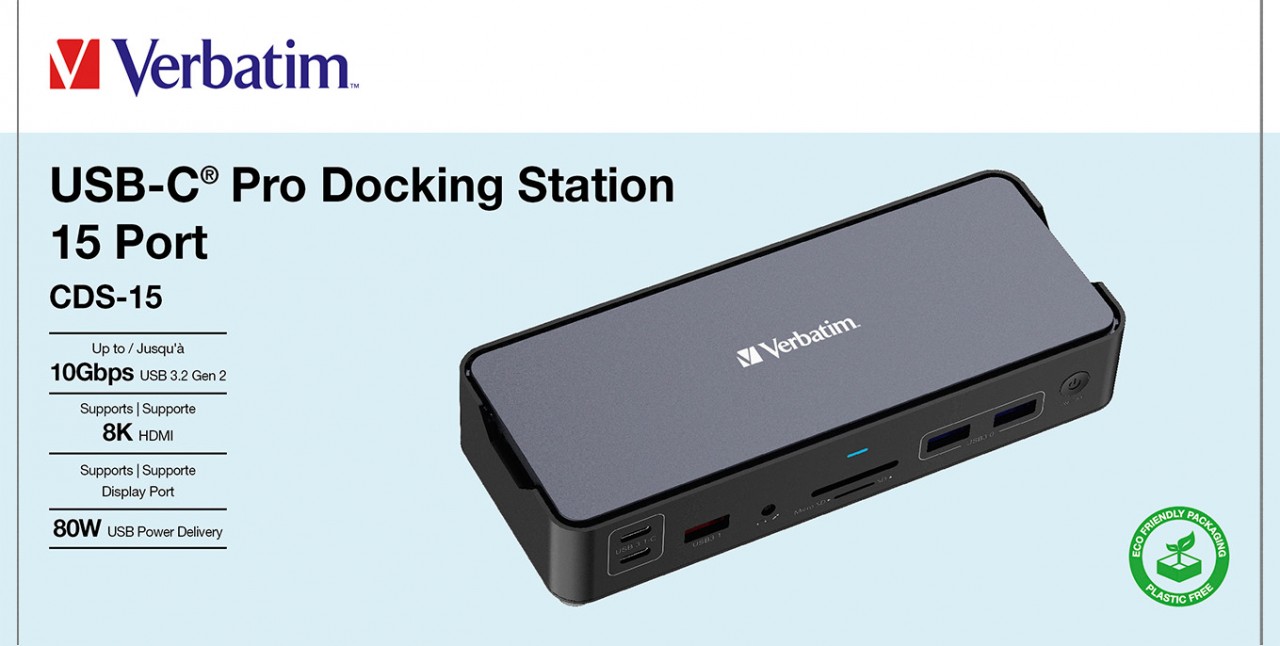 Verbatim Docking Station, USB-C Pro, CDS-15, 15-Port 4x USB 2.0/3.2-A, 2x USB 3.2-C, 2x HDMI 8K, DP, RJ45, Audio, SD, microSD, Retail