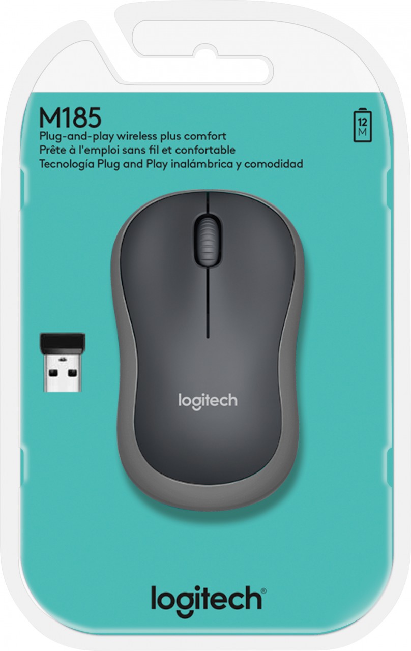 Logitech Maus M185, Wireless, grau Optisch, 1000 dpi, 3 Tasten, Retail