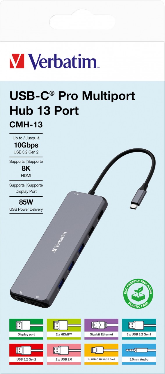 Verbatim Hub, Multiport, CMH-13, 2x USB 2.0-A, 4x USB 3.2-A 2x USB 3.2-C, Digital Port, 2x HDMI 4K, RJ45