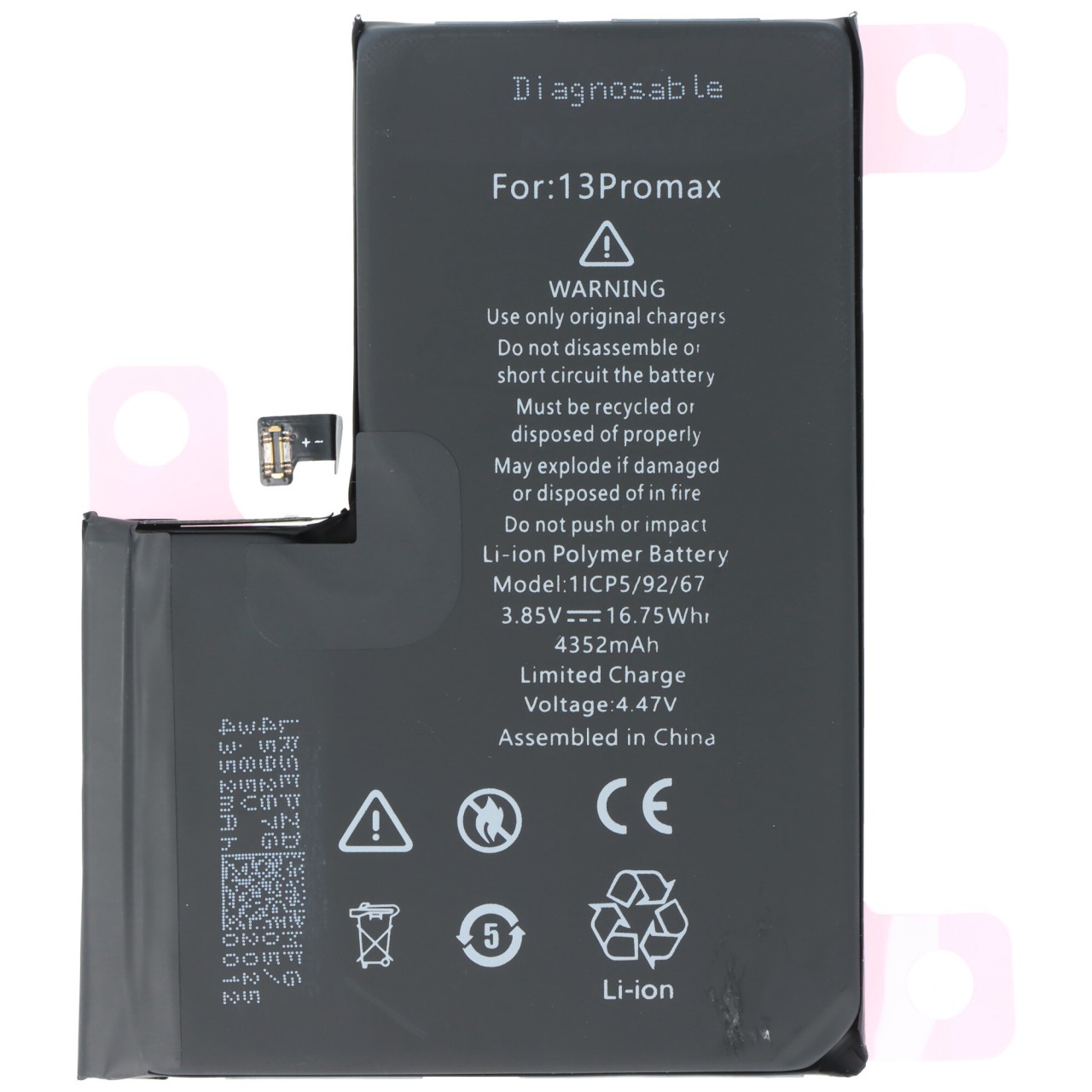 Akku passend für Apple iPhone 13 Pro Max, diagnostizierbar, Li-Polymer, 3,85V, 4352mAh, 16,75Wh, ohne Werkzeug