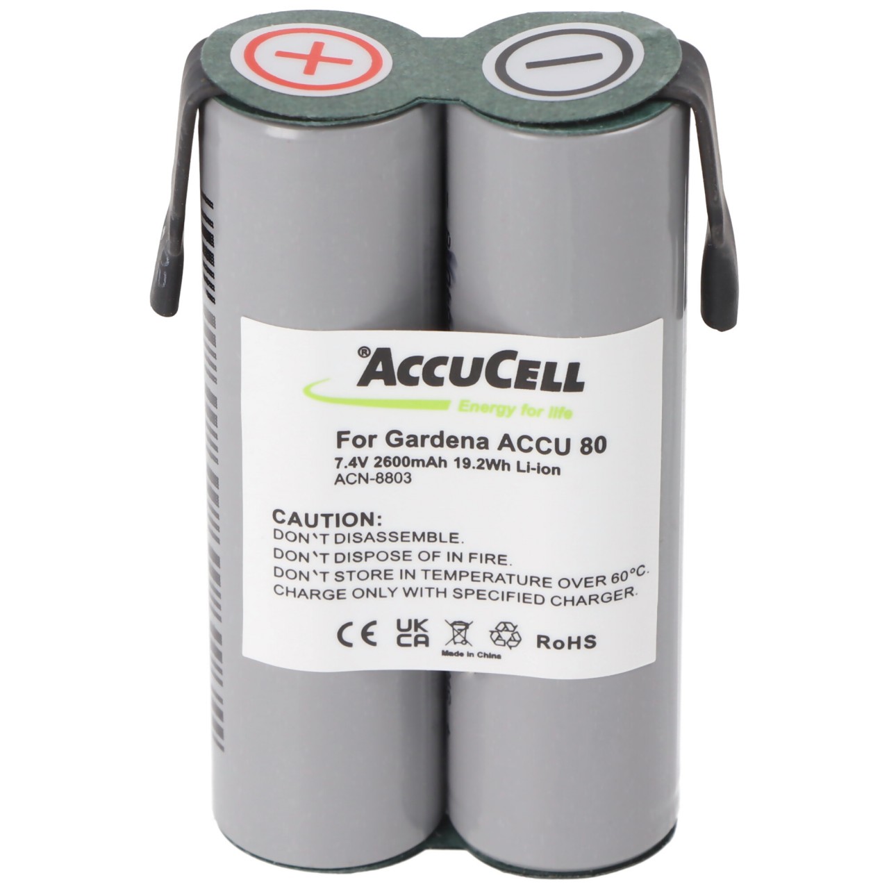 Akku passend für Gardena Accu 80 Li-Ion Akku mit Faston 4,8mm Anschlüssen, 7,4 Volt mit 2600mAh