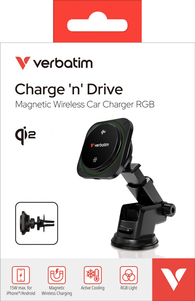 Verbatim Wireless Charger, KFZ, Qi2, Magnetic, RGB, CND-01 15W, Kabel USB-C, 1m, schwarz, Retail