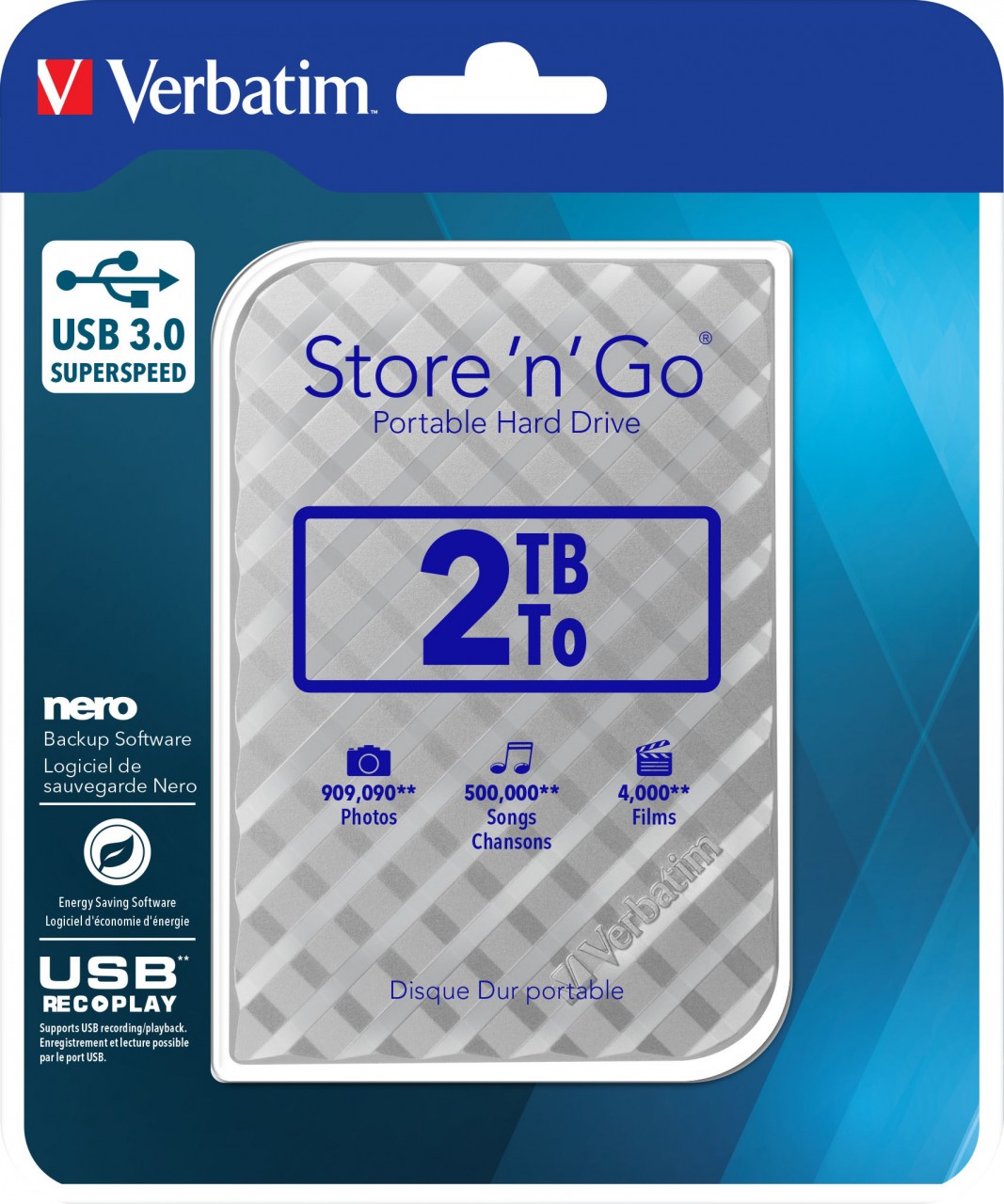 Verbatim Festplatte 2TB, USB 3.0, 6.35cm (2.5''), silber Store´n´Go, Gen 2, Software Nero Backup, Retail