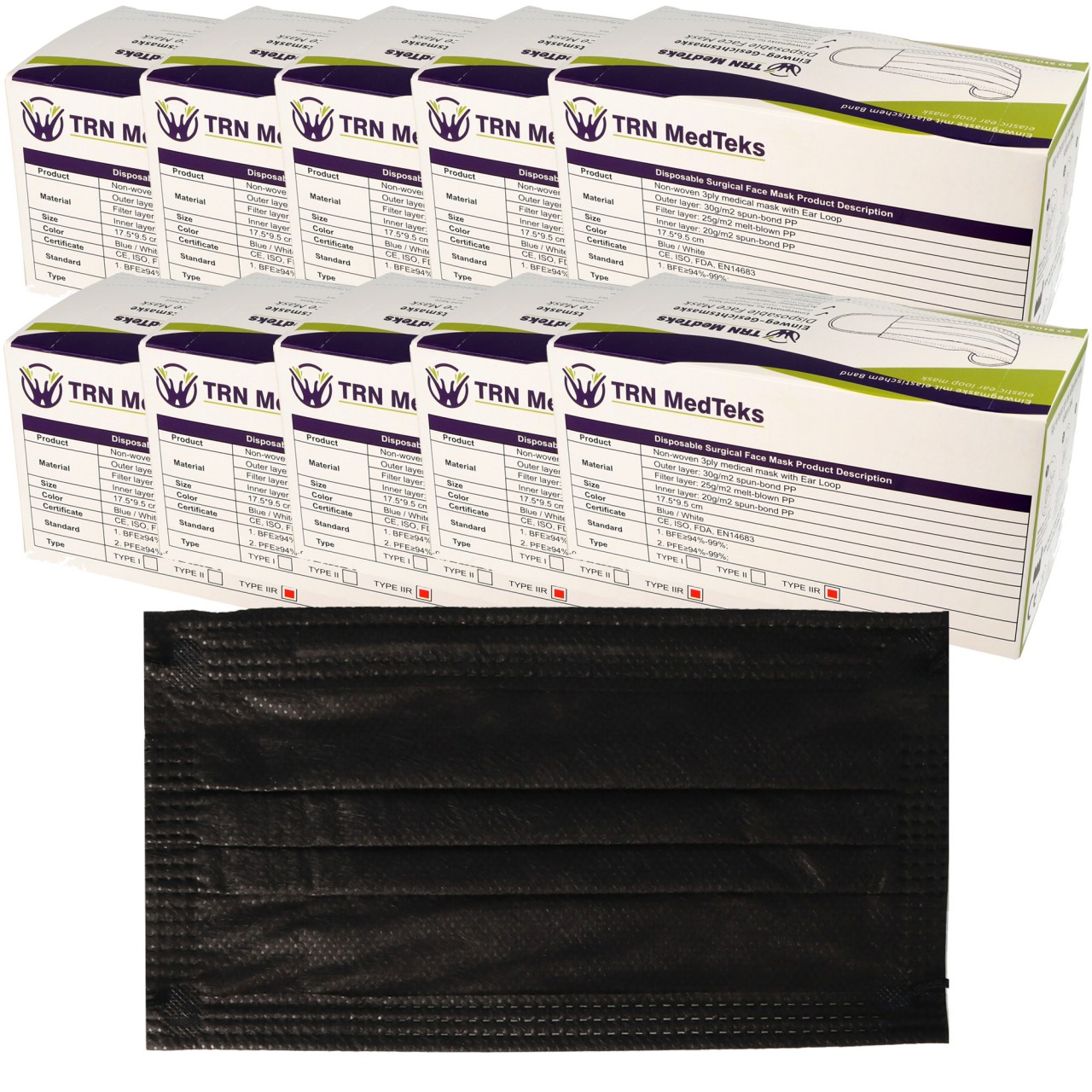 500 Stück medizinische OP-Maske Typ IIR 3-Lagig Schwarz, zertifiziert nach DIN EN 14683:2019+AC:2019(E), OP-Mundschutz