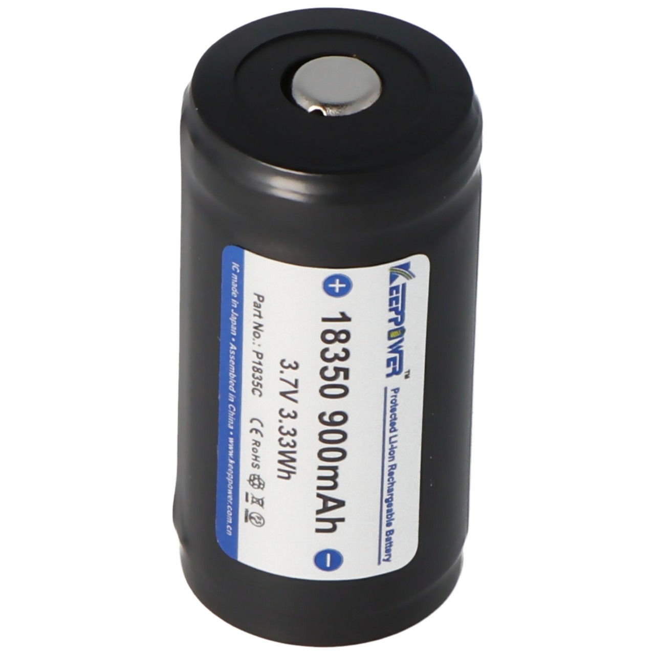 Keeppower 18350 - 900mAh, 3,7V Li-Ion-Akku geschützt, Abmessungen 38,2x18,45mm