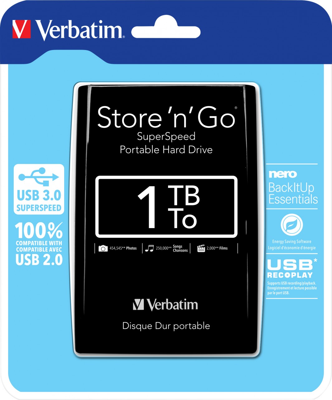 Verbatim Festplatte 1TB, USB 3.0, 6.35cm (2.5''), schwarz Store´n´Go, Portable, Software Nero Backup, Retail