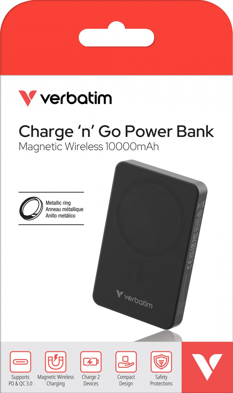 Verbatim Akku Powerbank, 10.000mAh, schwarz Magnetic Wireless, USB-C, QC-PD 3.0, Retail-Blister