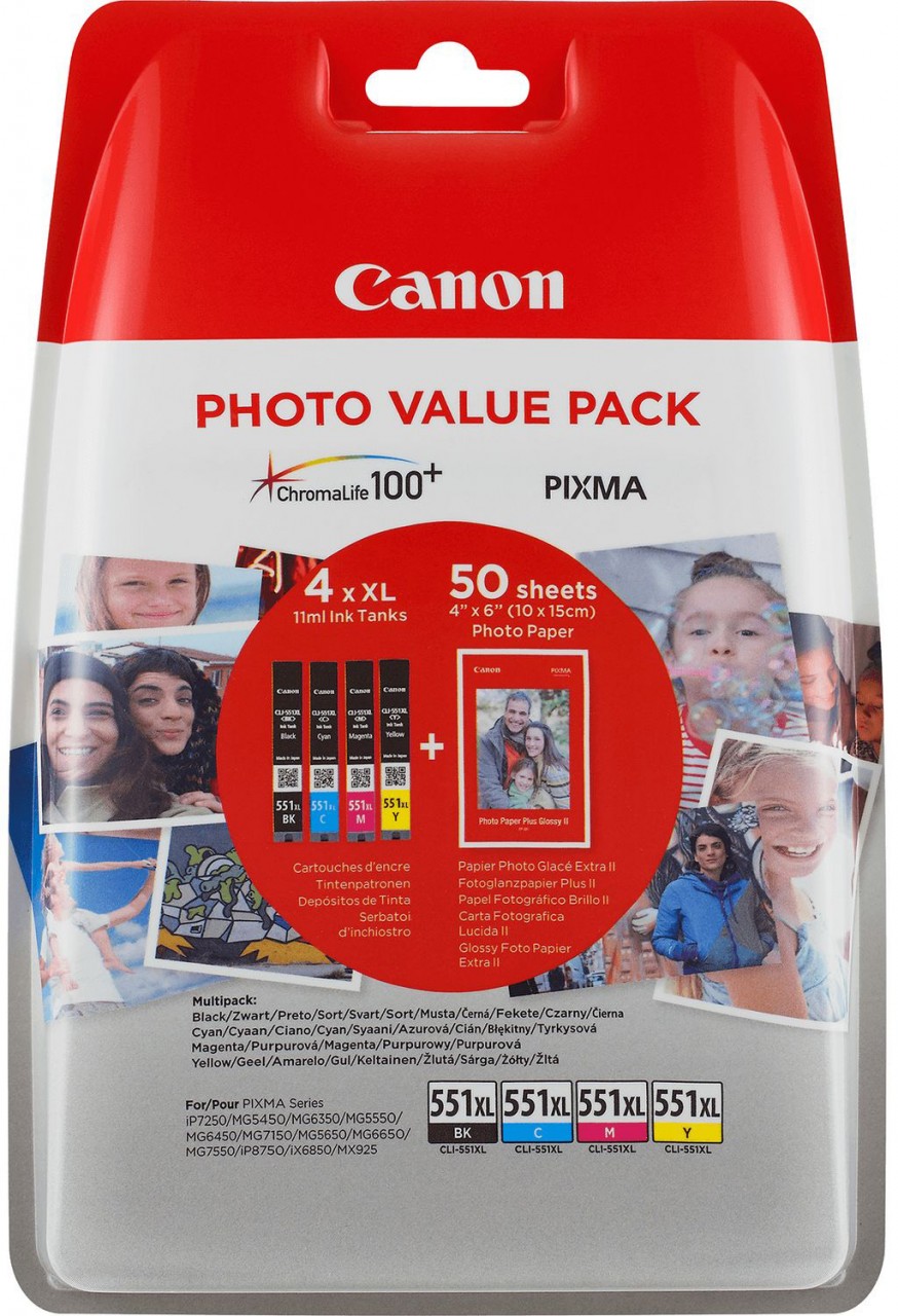 Canon Tintenpatronen Value-Pack CLI-551XL BK/C/M/Y inkl. 50 Blatt Fotopapier 10x15cm