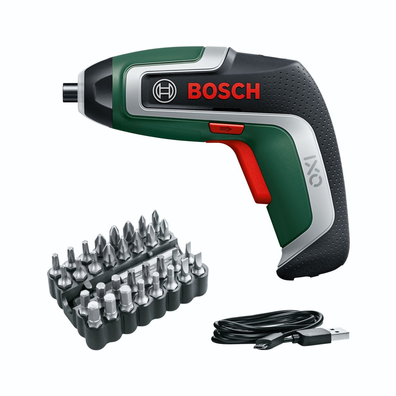 Bosch IXO 7 mit 32 teiligem Bit-Set im Karton, mit USB Ladekabel, ohne USB Netzteil