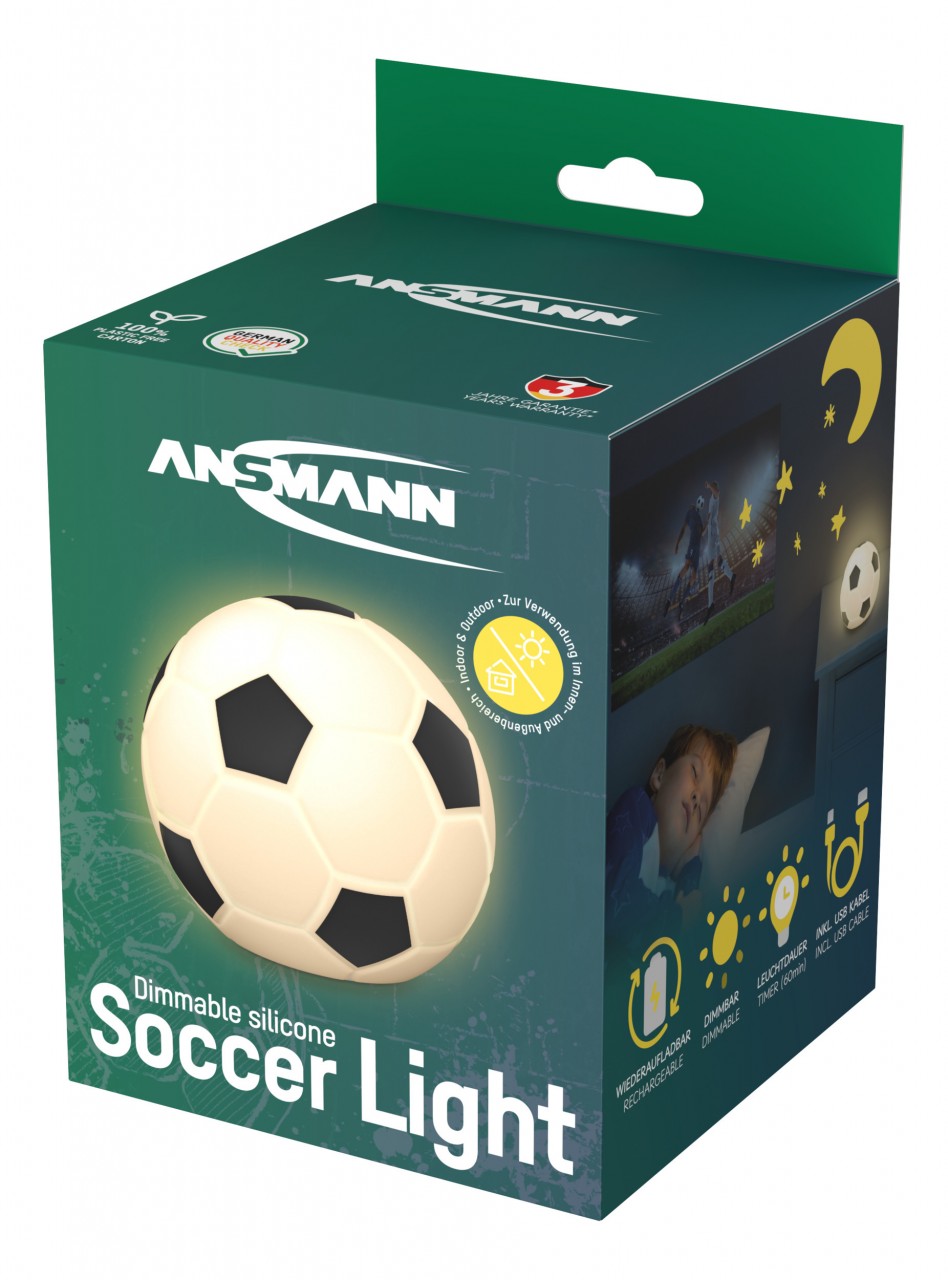 Ansmann LED Soccer Light 1800-0099, dimmbar, Farbwechsel, aufladbarer Akku, Mobil einsetzbares Silikonnachtlicht im Fußball-Design