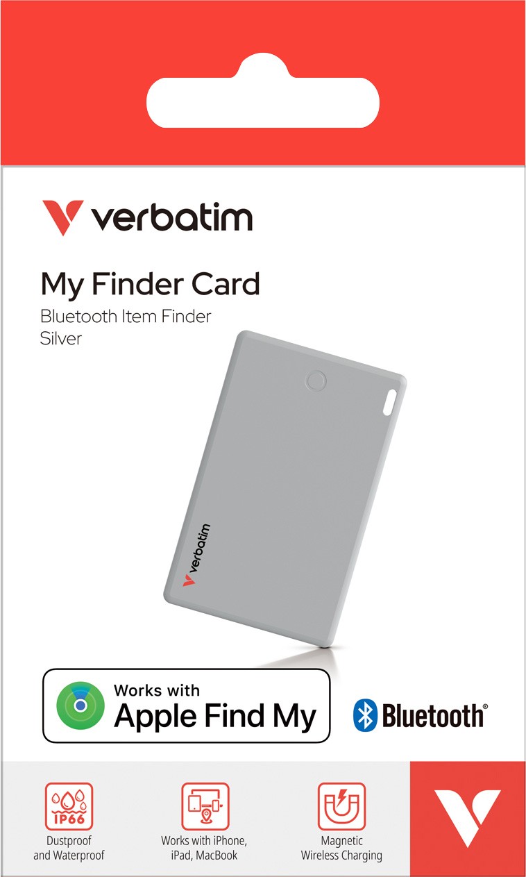 Verbatim Bluetooth-Tracker Li-Ion Polymer Akku 110mAh My FinderTracker My Finder Card MYFCR-01S für Apple iOS Find My App Retail (1er-Pack) silber