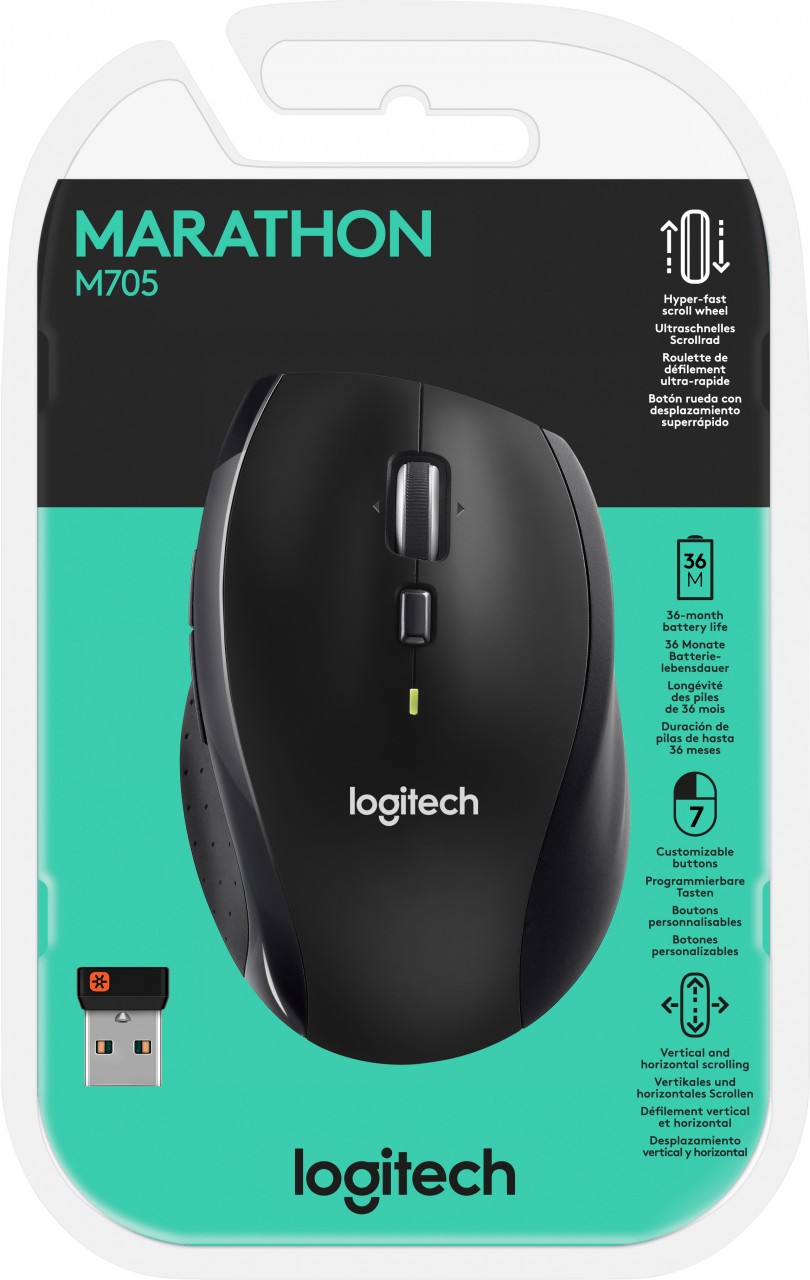 Logitech Maus M705, Marathon, Wireless, Unifying, grau Laser, 1000 dpi, 7 Tasten, Retail