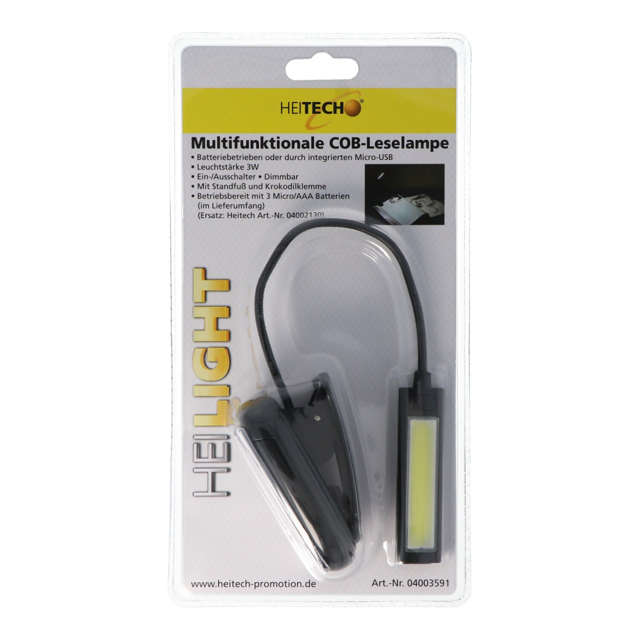 Leselampe mit extra heller COB LED max. 3W mit Ein- und Ausschalter, Dimmbar