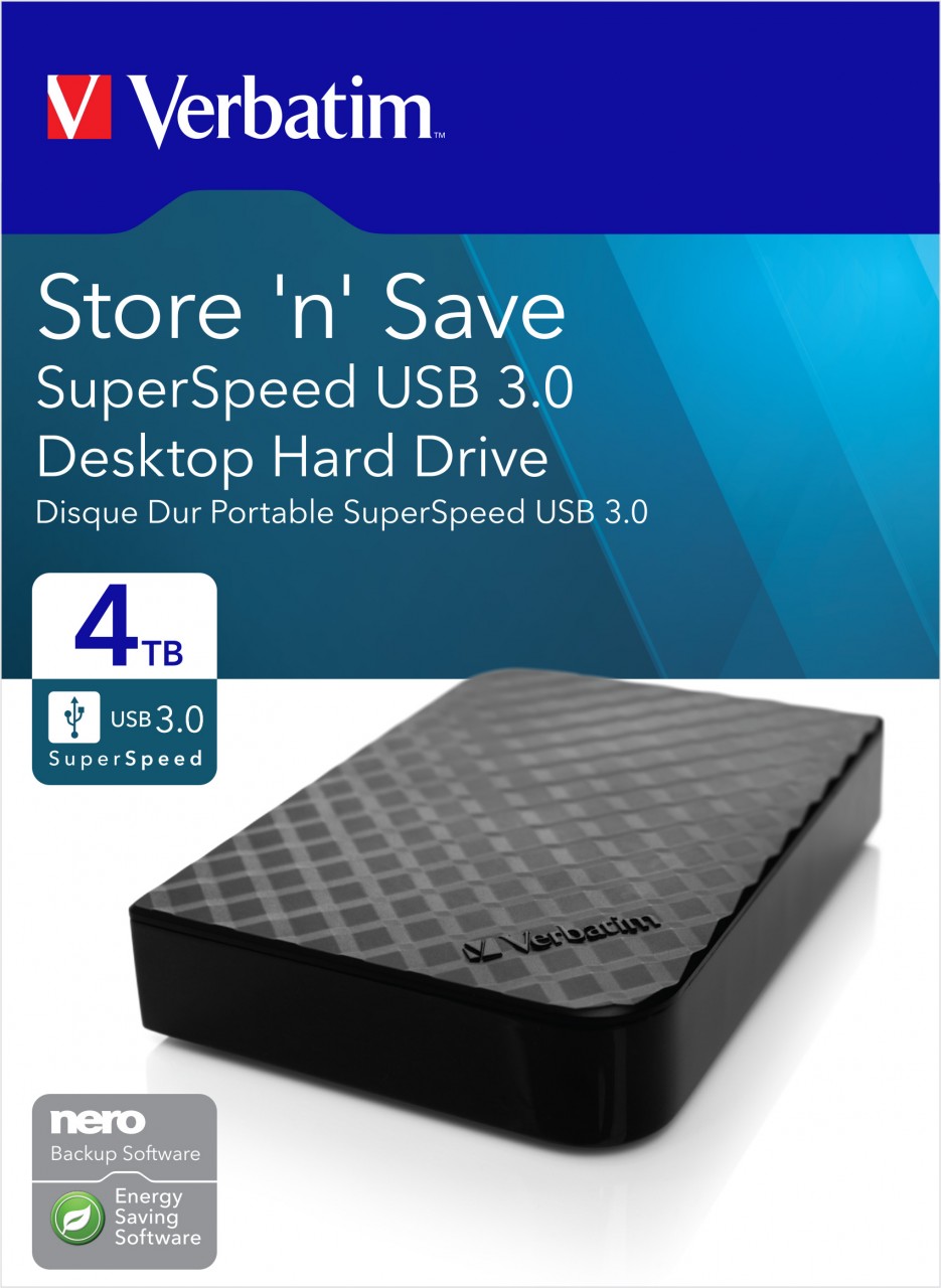 Verbatim Festplatte 4TB, USB 3.0, 8.89cm (3.5''), schwarz Store´n´Save, Software Nero Backup, Retail