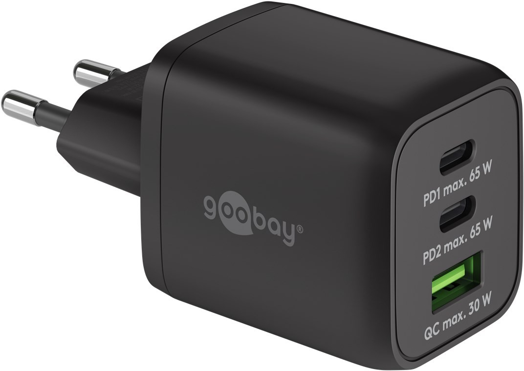 Goobay USB-C™ PD Multiport-Schnellladegerät Nano (65 W) schwarz - 2x USB-C™-Anschlüsse (Power Delivery) und 1x USB-A-Anschluss (Quick Charge 3.0) - schwarz