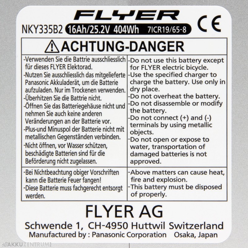 E-Bike Akku FLYER Panasonic E-Bike Akku Premium 26V 16Ah (NKY335B2) - Sattelrohr