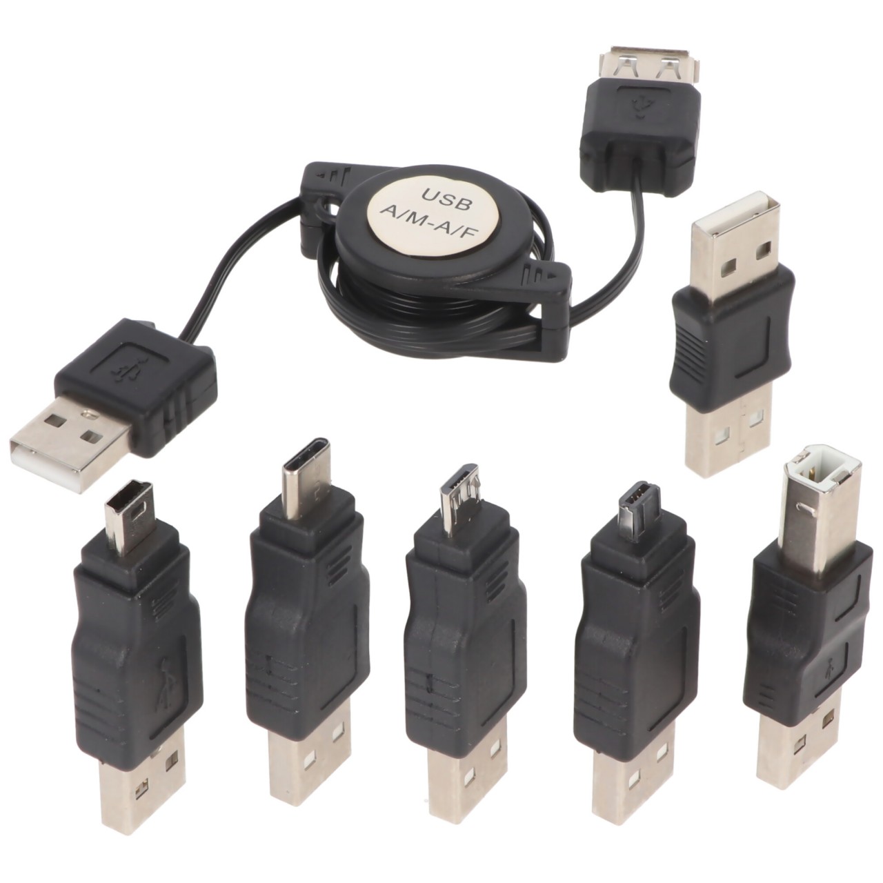 USB-Adapter-Set 7-teilig mit praktischer Aufrollbox, USB-Verlängerungskabel für den direkten Anschluss an einem USB-Gerät