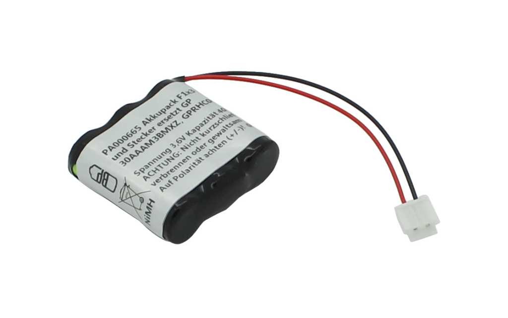 NiMH Akkupack mit 3,6 Volt Spannung und 400mAh Kapazität, Bauform F1x3 mit Kabel und Stecker ersetzt GP 30AAAM3BMXZ, GPRHC043M033, Abmessungen 31 x 31,5 x 10,4 mm