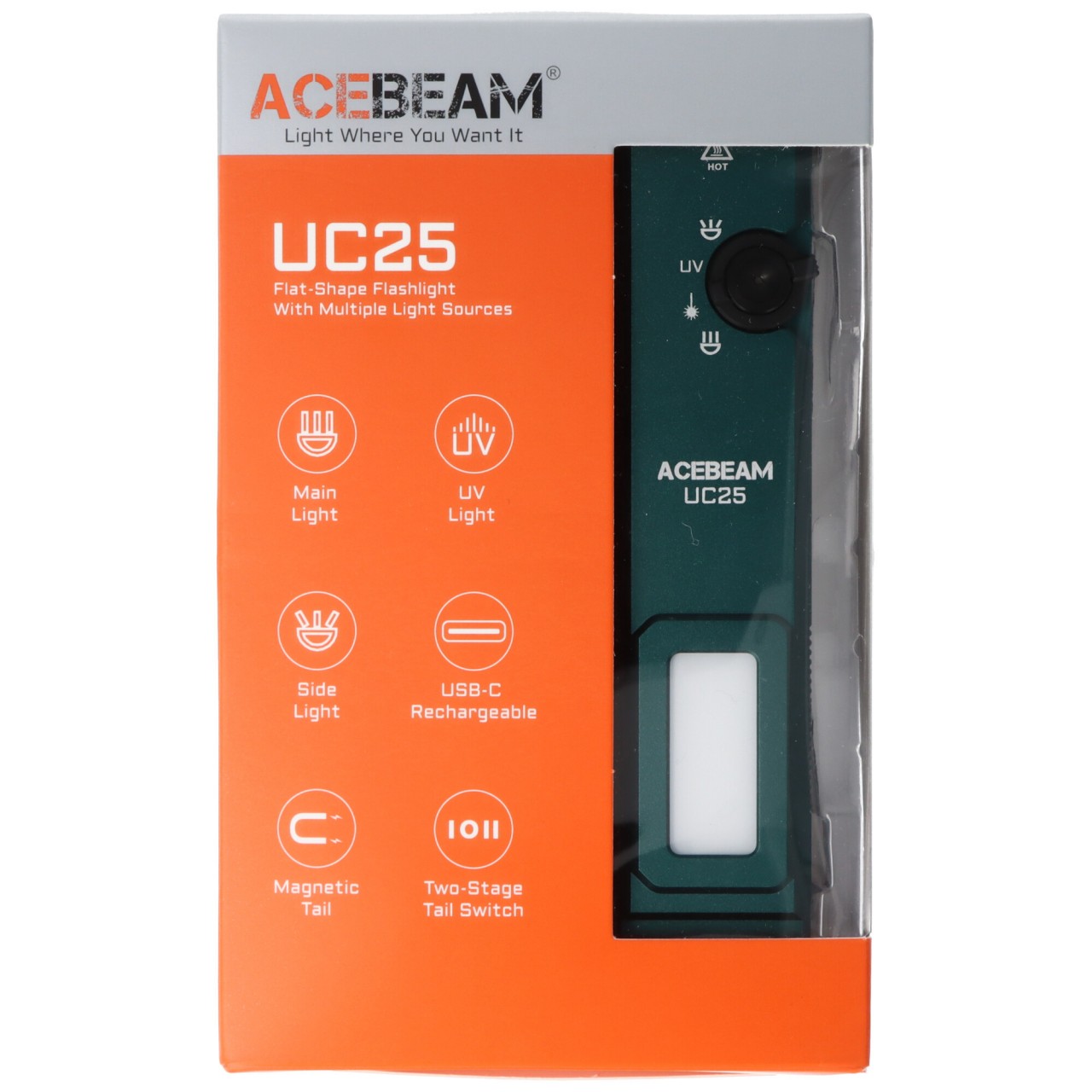 AceBeam UC25 mit 3.100 Lm Kalt.- Warmweißem / UV Licht und grünem Laser / Grün